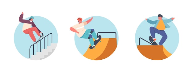 Set Boys And Girls Skateboarders Isolated Avatars Or Round Icons Children Skateboarding Activity Skating On Longboard