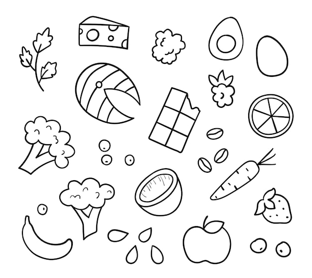 Set of brain food. Doodle sketch. Berries and vegetables, nuts and egg, fish and chocolate. Vector linear illustration.