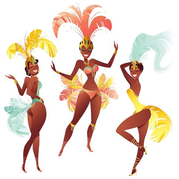 Set of Brazilian samba dancers. carnival girls dancing.