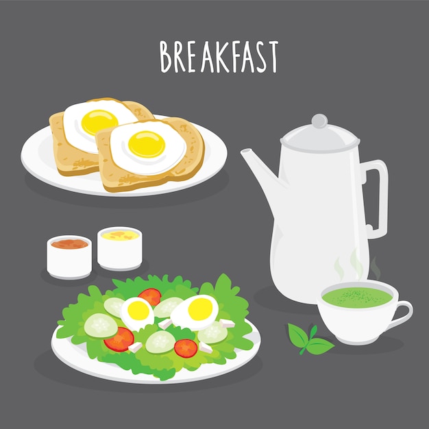 Set of Breakfast, bread, fried egg, salad and green tea. Cartoon Vector illustration