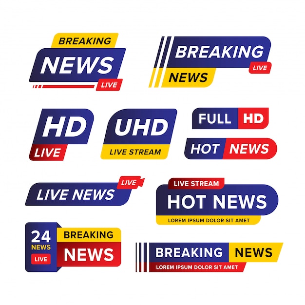 Set of breaking news banner template designed in blue red and yellow in various different shape and style.