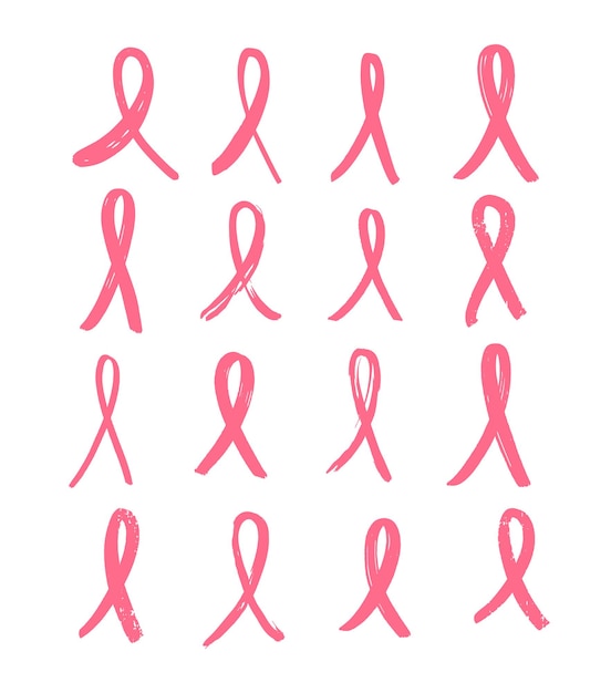 Set of breast cancer vector hand drawn signs. Vector.