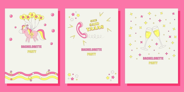 Set of Bridal shower invitation cards in retro groovy style Vintage bachelorette party invite Templates for your design