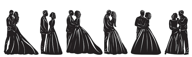 Set of bride and groom silhouette on white background vector