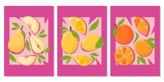 Vector set of bright abstract posters with fruit composition pear lemon orange summer modern vector