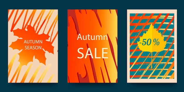 Set of bright autumn abstract posters in modern hipster style Trendy modern art with autumn leaves Vector