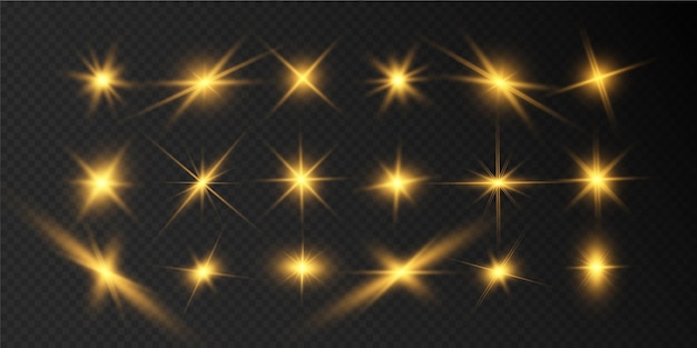 Set of bright beautiful stars. Light effect Bright Star. Beautiful light for illustration.