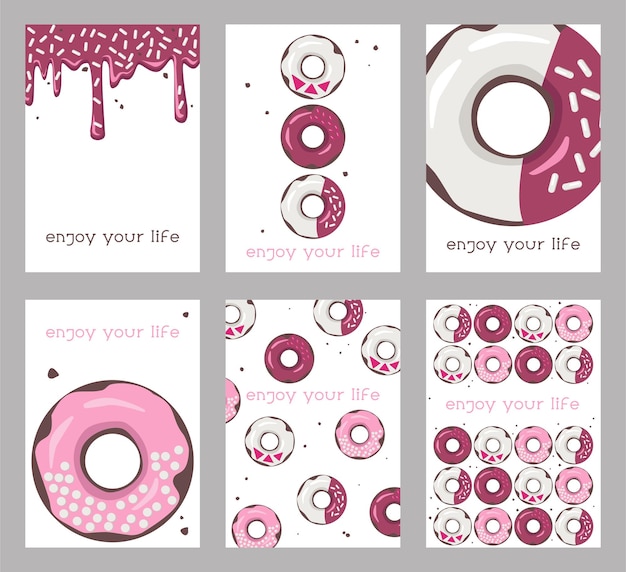 Vector a set of bright cards with donuts. donuts with colored glaze and sweets.