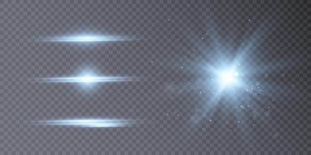 Set of bright cold light stars with glare sparks of light. vector png