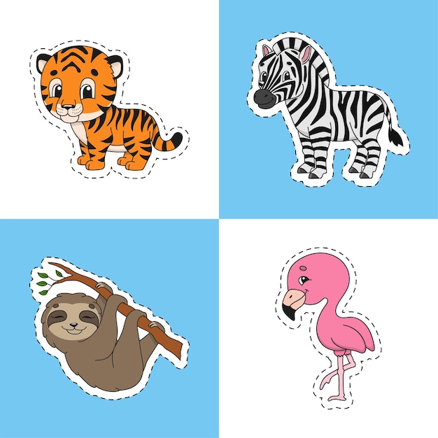 Set of bright color stickers for kids Animal theme Cute cartoon characters isolated on color background