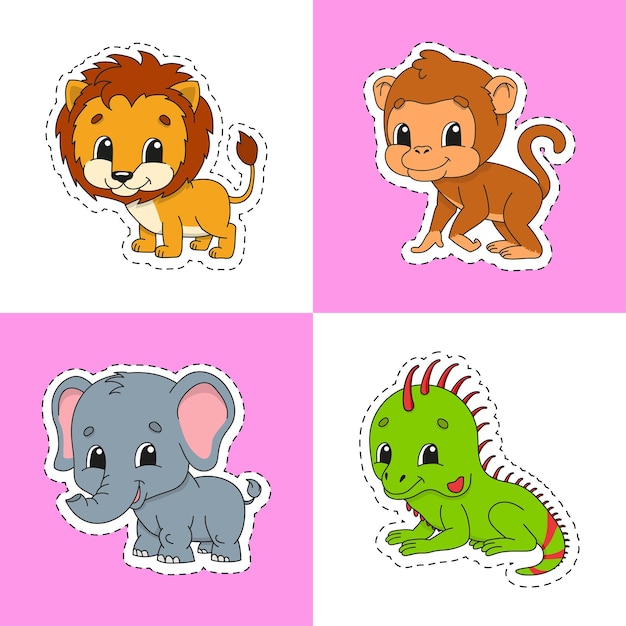 Set of bright color stickers for kids Animal theme Cute cartoon characters isolated on color background