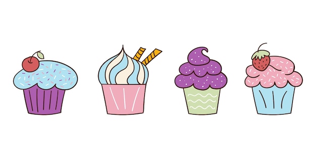 Set of bright colored delicious doodle style cupcakes Vector illustration Freehand drawing doodles