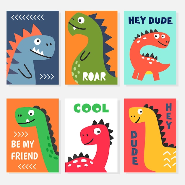 Set of bright colorful vector illustrations with funny friendly smiling cartoon dino characters