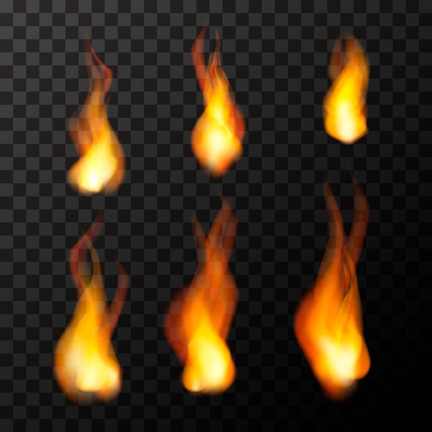 Set of bright fire flames on transparent