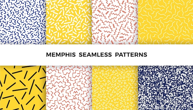 Set of bright geometric memphis patterns 80s and 90s graphic design Vector seamless backgrounds