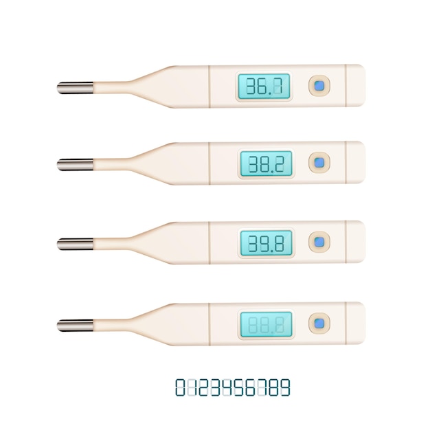 Set of bright glossy realistic medical thermometers with different temperatures isolated on white