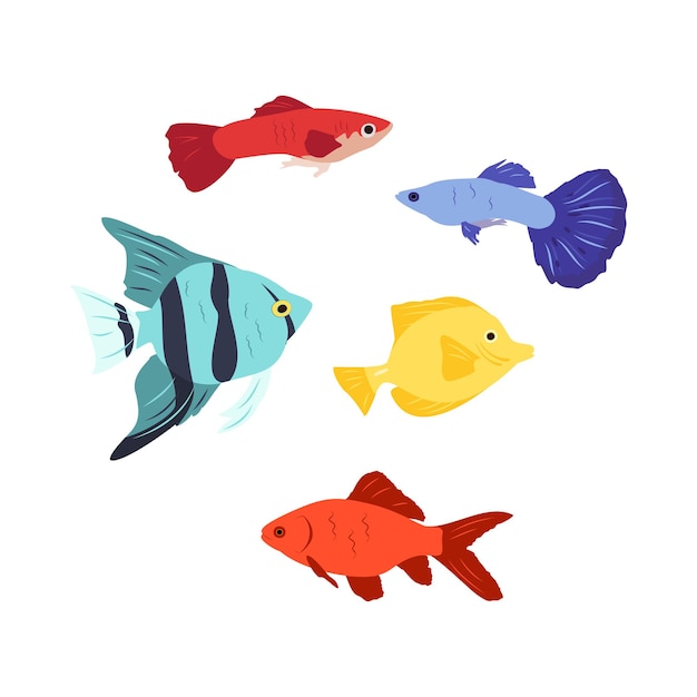 Set of bright icons of fish the nature of the seas and oceans illustration in flat style