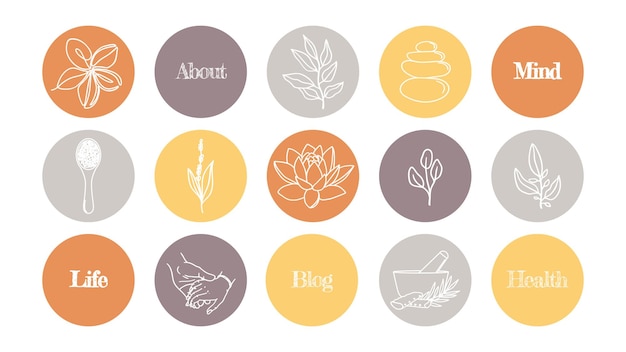 Set of bright icons of highlights for social networks of icons for a blog about cosmetics medicine and mental health