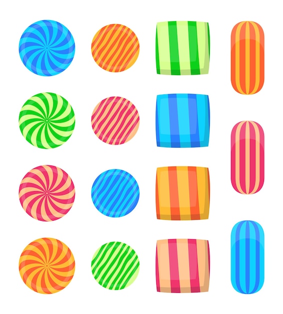 Set of bright multicolored striped candy drops Isolated on white