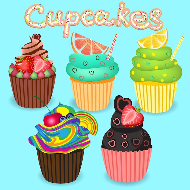 Set of bright realistic cupcakes decorated with fruits and berries