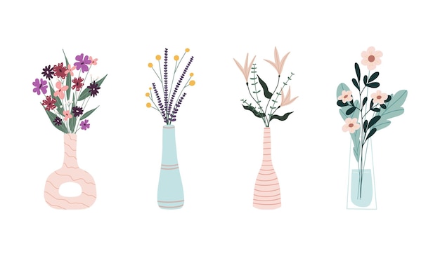 Set of bright spring flowers in vases and bottles isolated on a white background. Cartoon flat vector illustration.