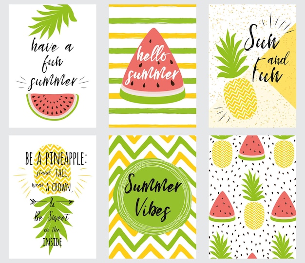 Set of bright summer banners summer quotes fresh fruits shapes pineapple watermelon tropical leaf