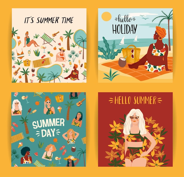 Set of bright summer illustrations with cute women. Card