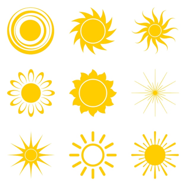 Set of bright sun symbols isolated on white background sign of summer warmth and relaxation