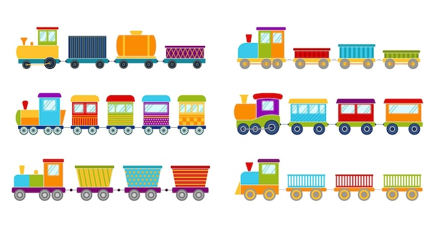 Set of bright toy trains, vector illustration