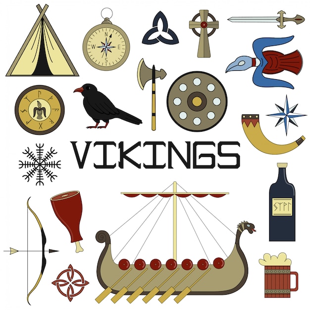 Set of bright vector illustrations for the design of Viking's life.