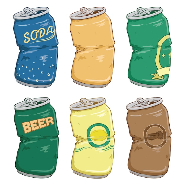 Vector set of broken beer, lime, coffee and soda cans with color and doodle or sketchy style