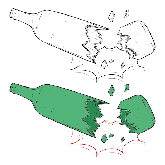 Set of Broken Bottle Glass on White Background With Sketchy or Hand Drawing Style