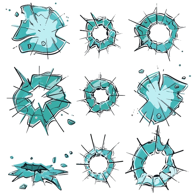 Set broken glass pieces different shapes Shattered glass fragments flying realistic vector set