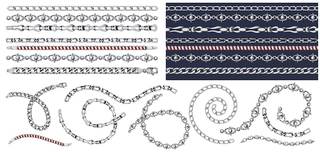 Set of brush patterns with retro handdrawn sketch silver chain on dark background Drawing engraving texture Great design for fashion textile decorative frame yacht style card