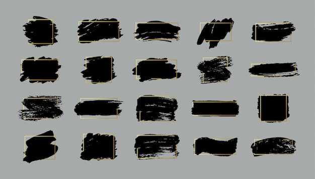 Set of brush strokes. Grunge design elements. Golden paint, ink, brushes, lines, grungy. Dirty artistic  boxes, frames. Gold lines isolated . Abstract gold glittering textured art illustration. 