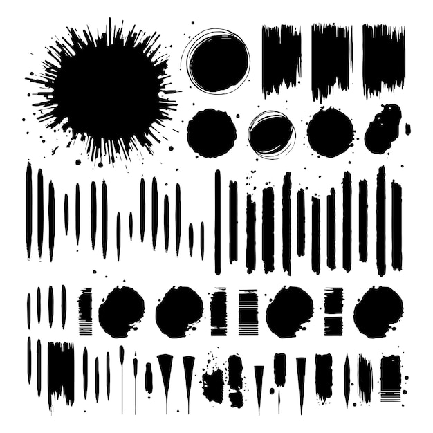 Set of brush strokes with paint, vector stroke set in black color isolated in white background.