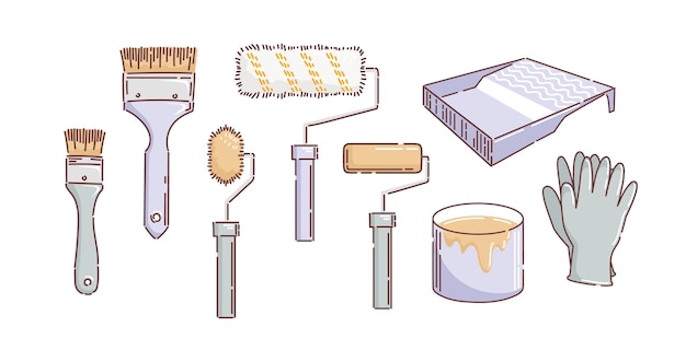 A set of brushes and rollers for painting Cuvette for paints gloves a jar of enamel Repair building Vector illustration in doodle style For stickers website design elements