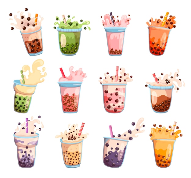 Set Of Bubble Tea Isolated On White Background Tapioca Pearl Milk Tea Boba Or Coffee Yummy Beverages In Cups