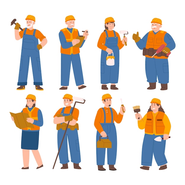 Set of Builder people working character vector design. Presentation in various action poses.