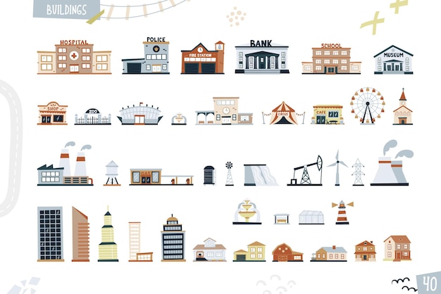 Set of buildings Cartoon funny illustration houses isolated on white background Vector art