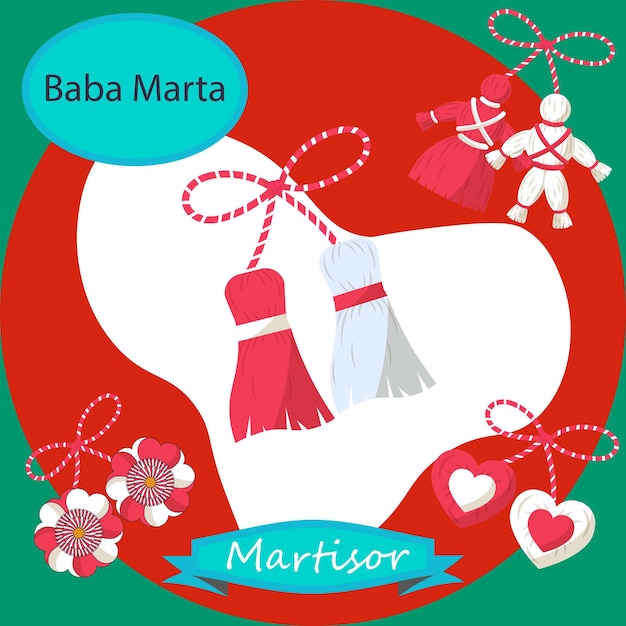 Vector set of bulgarian festive theme baba marta martisor on bulgarian flag colors background