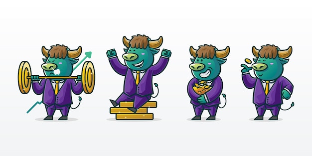 Set of bull and coins mascot illustration