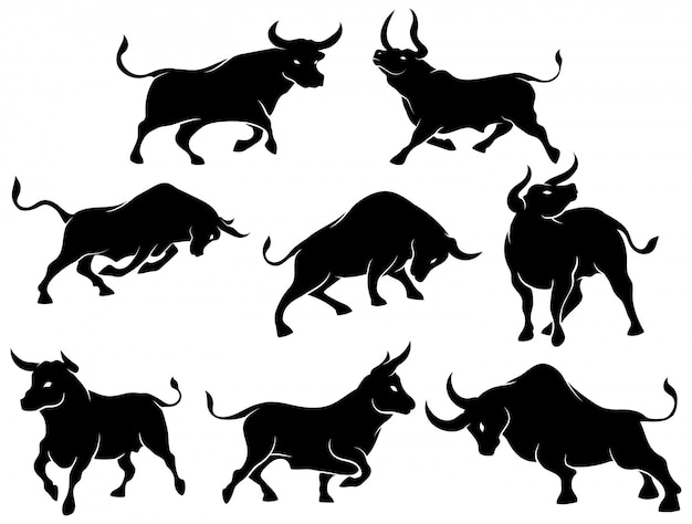 Set of bull silhouettes. Collection of spanish fighting bulls in various poses.