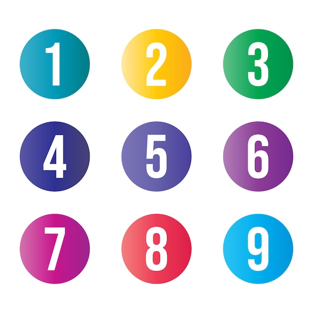 Set of bullet points numbers from one to nine in gradient shapes