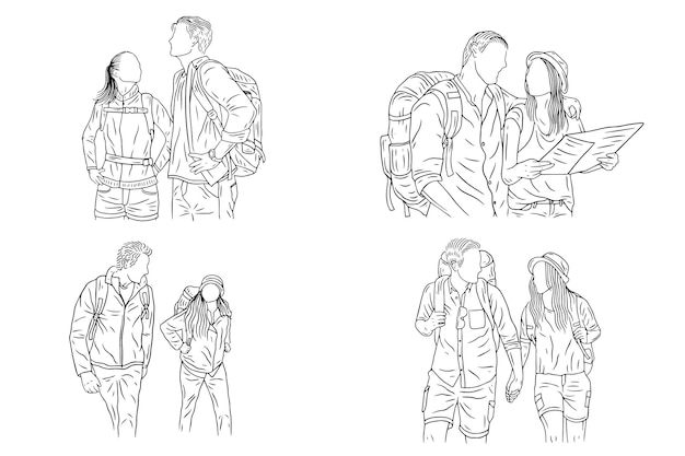 Set Bundle Couple Adventure Explore Trip Mountain Camping Romance Journey Sport Line Art Hand Drawn