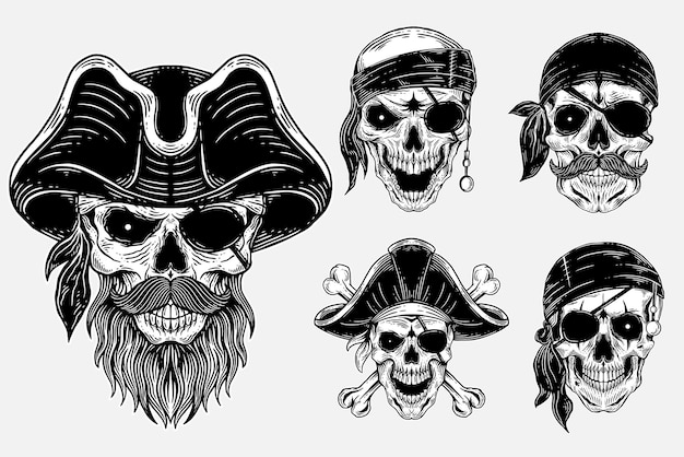 Set Bundle Dark Art Skull pirates captain Skeleton Vintage illustration for clothing apparel