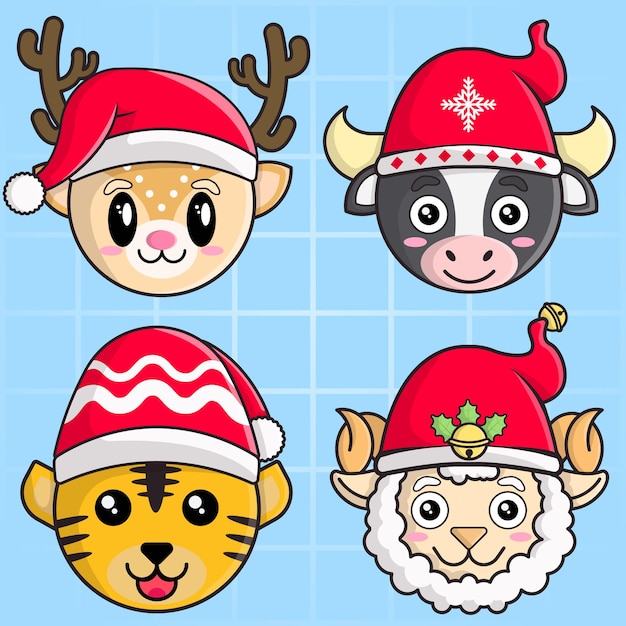 Set bundle head animal with santa hat vector illustration deer tiger cow sheep