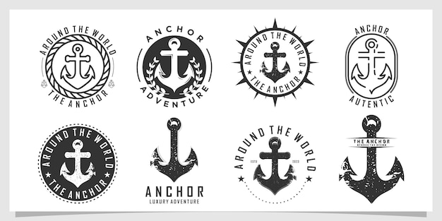 Set bundle marine retro element for logo with anchor unique concept Premium Vector