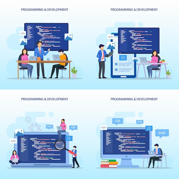 Set bundle Programmers at work concept Flat vector template