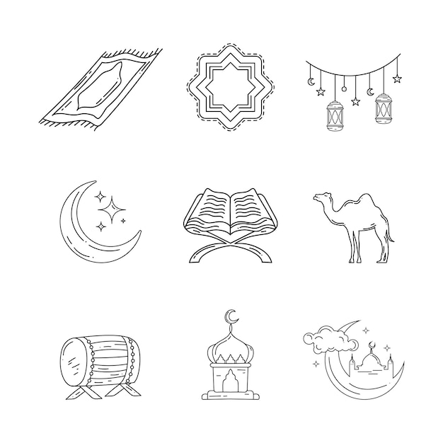 Set of bundle ramadan and eid al fitr art doodle illustration